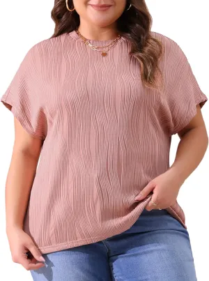 Agnes Orinda Plus Size Women's Short Sleeve Textured Tops Crewneck Solid Loose Casual Basic t Shirts Blouses Tee