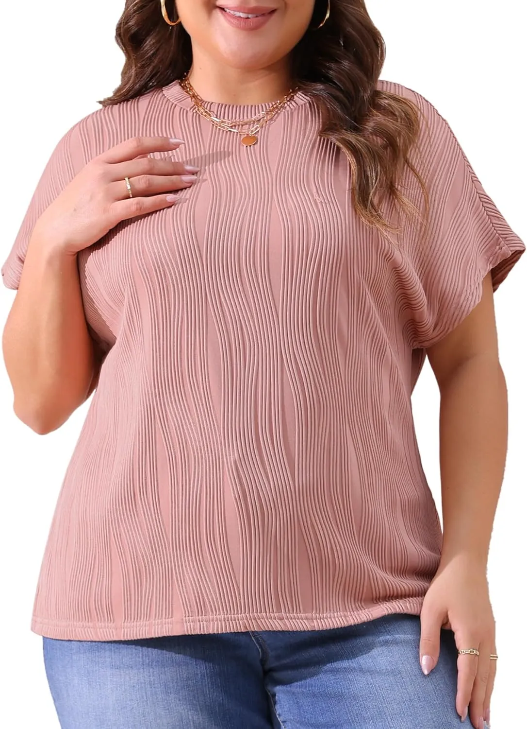 Agnes Orinda Plus Size Women's Short Sleeve Textured Tops Crewneck Solid Loose Casual Basic t Shirts Blouses Tee