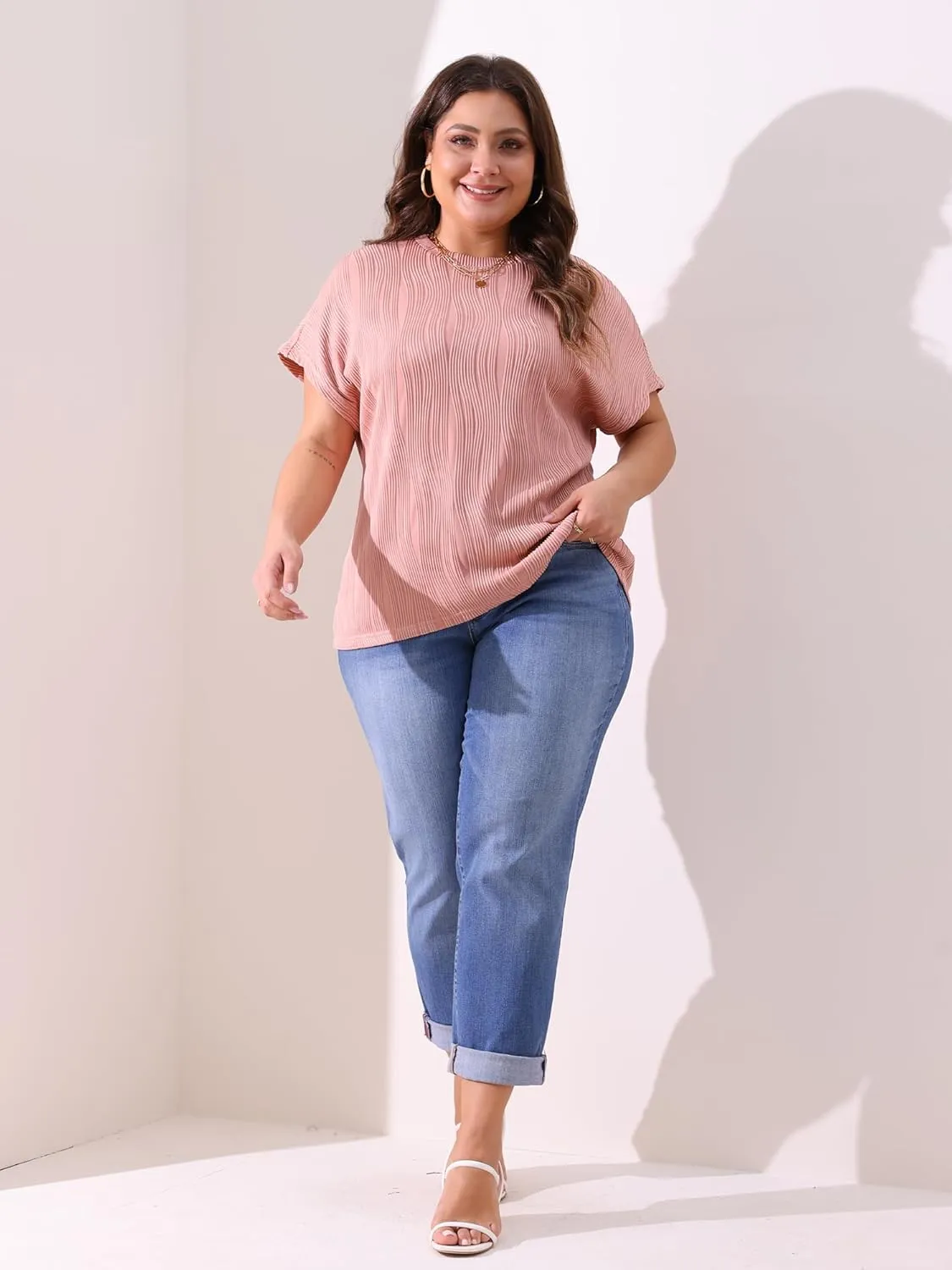 Agnes Orinda Plus Size Women's Short Sleeve Textured Tops Crewneck Solid Loose Casual Basic t Shirts Blouses Tee