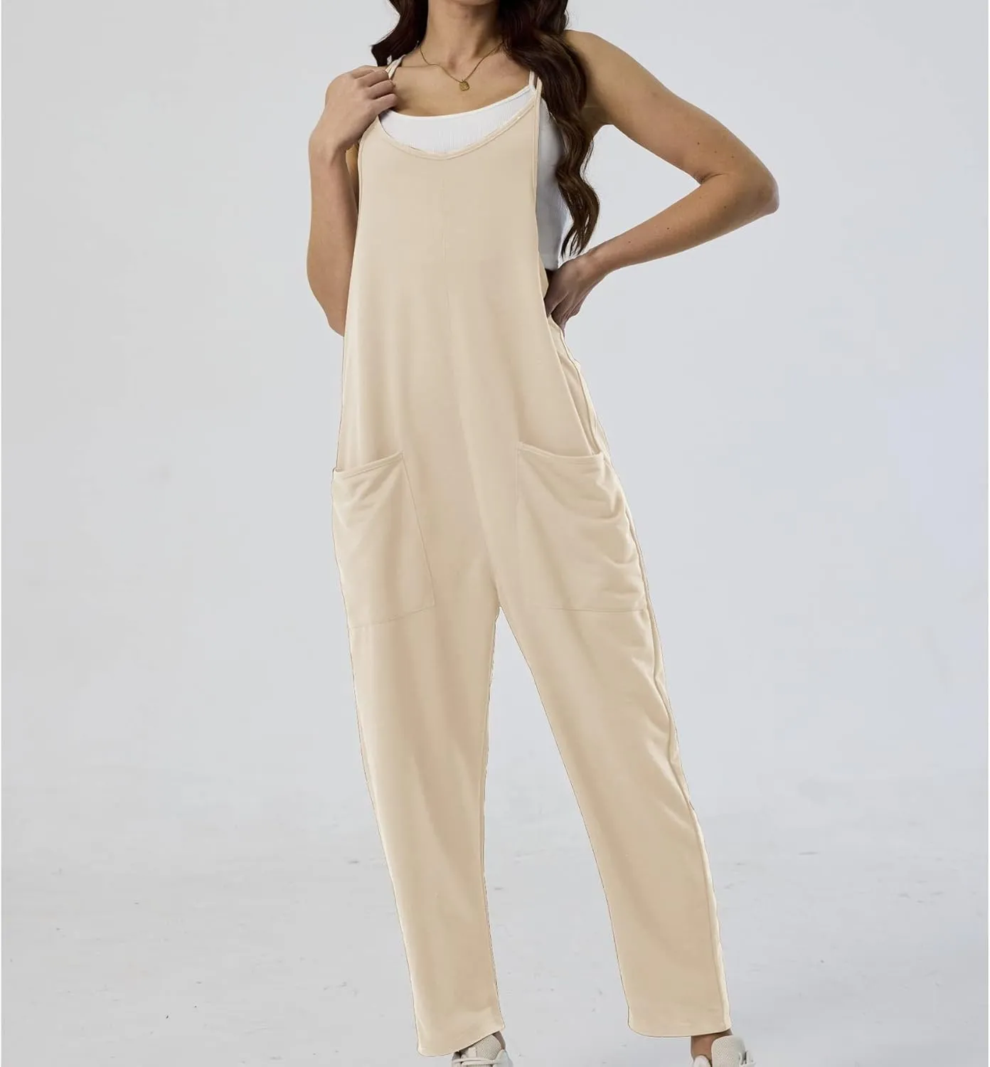 Ainangua One Piece Jumpsuits for Women Casual V Neck Sleeveless Spaghetti Strap Overalls Long Pants Romper with Pockets