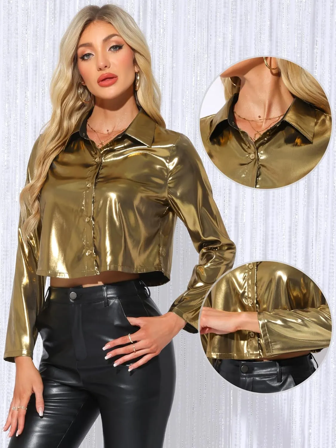 Allegra K Metallic Tops for Women Long Sleeve Button Down Blouse Shirt Party Tops
