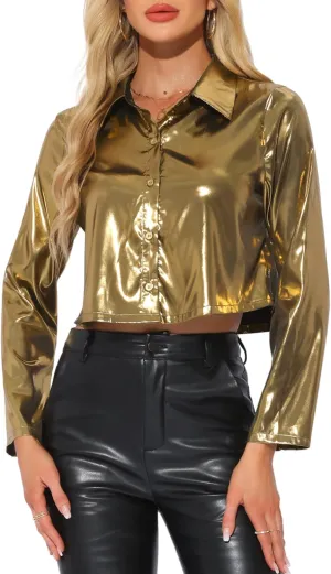 Allegra K Metallic Tops for Women Long Sleeve Button Down Blouse Shirt Party Tops
