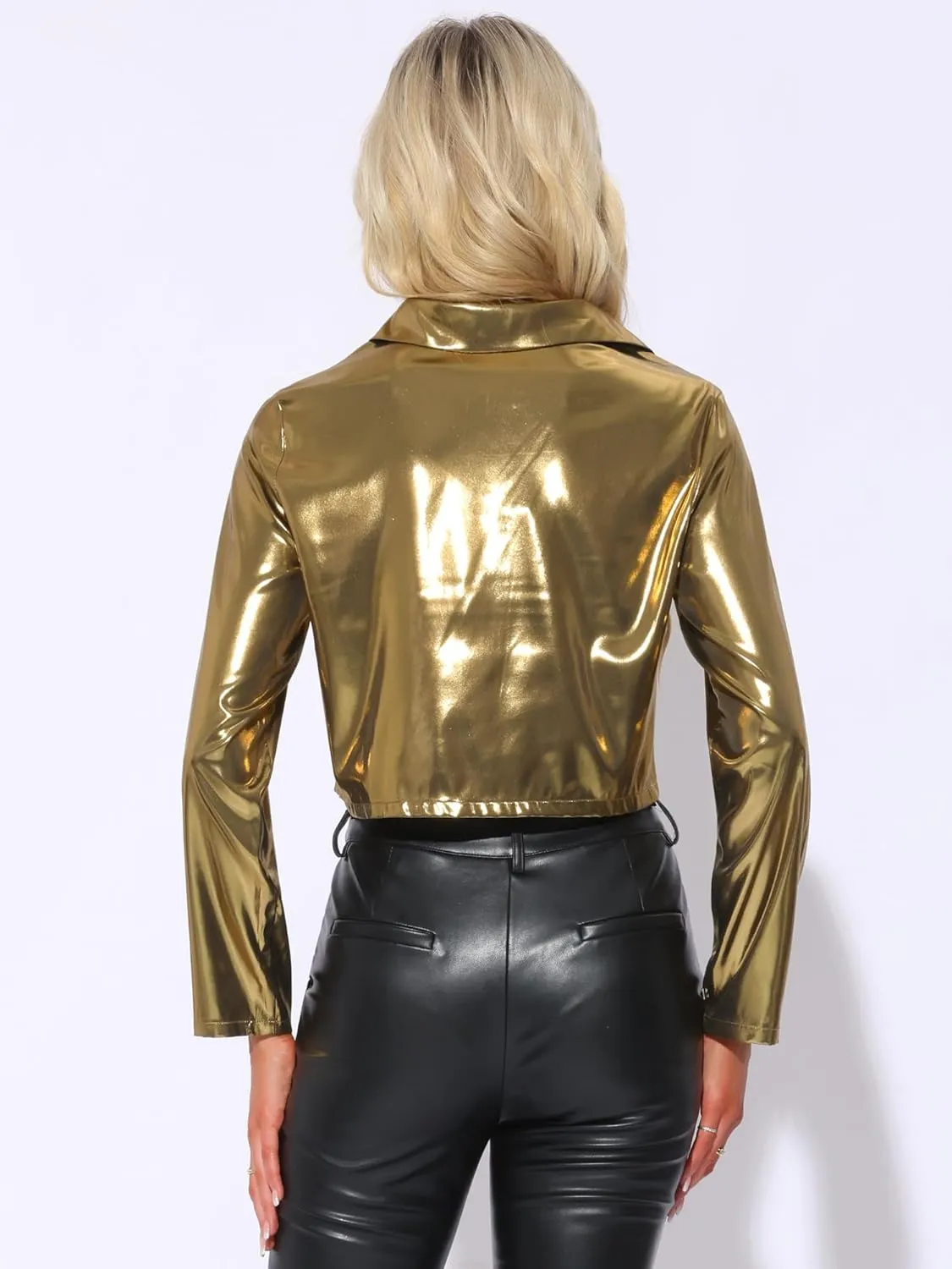 Allegra K Metallic Tops for Women Long Sleeve Button Down Blouse Shirt Party Tops