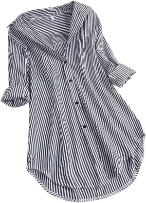 Aniywn Women's Stripe Long Sleeve T-Shirt Casual Loose Button Down Rolled Sleeve Plus Size Comfy Tunic Blouses