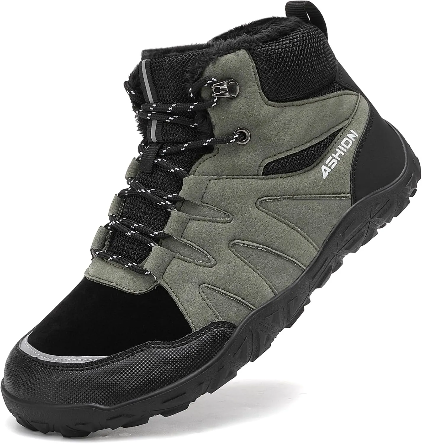 ASHION Mens Snow Boots Barefoot Winter Shoes Hiking Footwear Fur Lined Warm Ankle Boots Zero Drop Sole Comfortable Outdoor Walking Shoes Booties