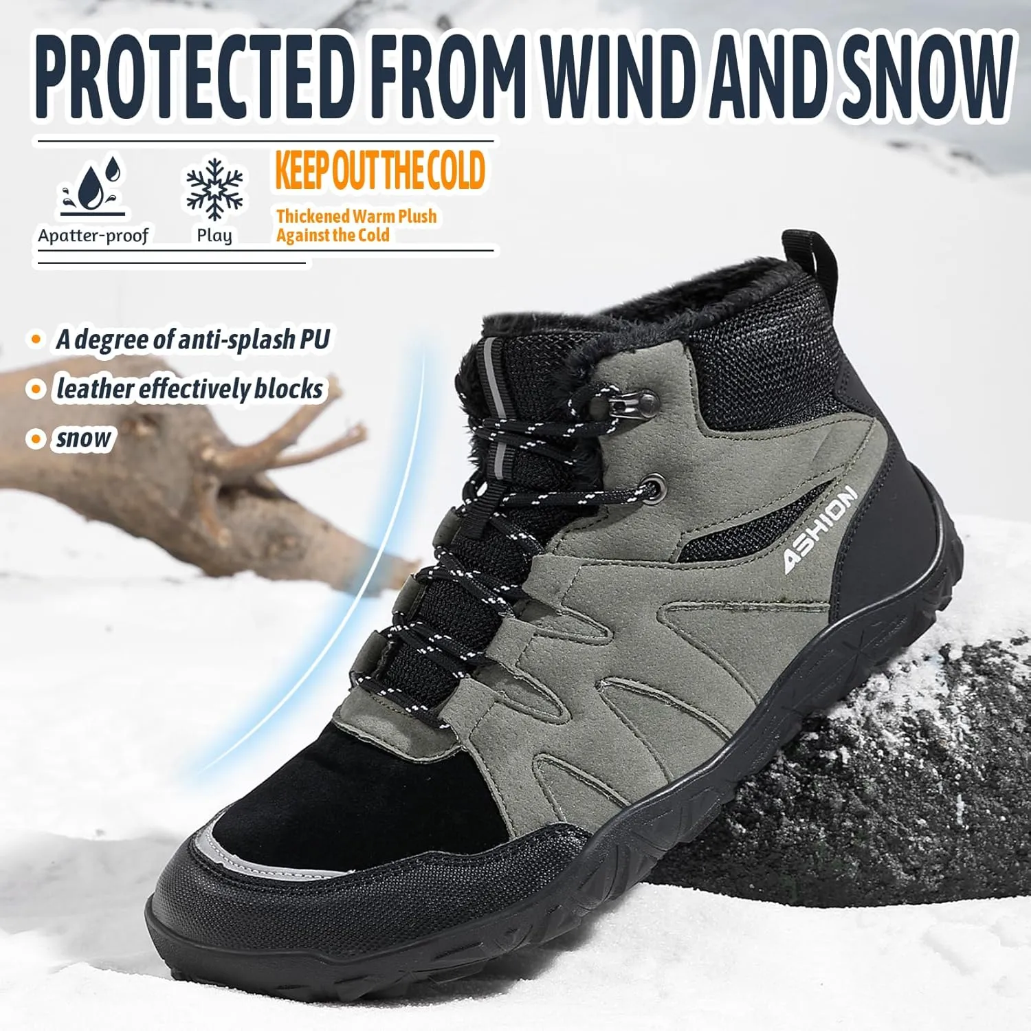 ASHION Mens Snow Boots Barefoot Winter Shoes Hiking Footwear Fur Lined Warm Ankle Boots Zero Drop Sole Comfortable Outdoor Walking Shoes Booties