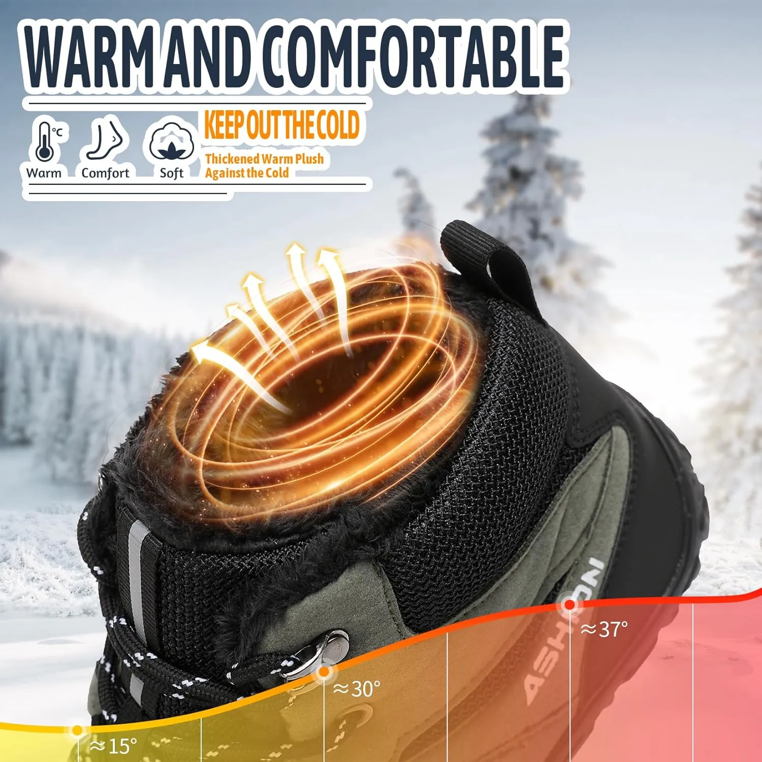 ASHION Mens Snow Boots Barefoot Winter Shoes Hiking Footwear Fur Lined Warm Ankle Boots Zero Drop Sole Comfortable Outdoor Walking Shoes Booties