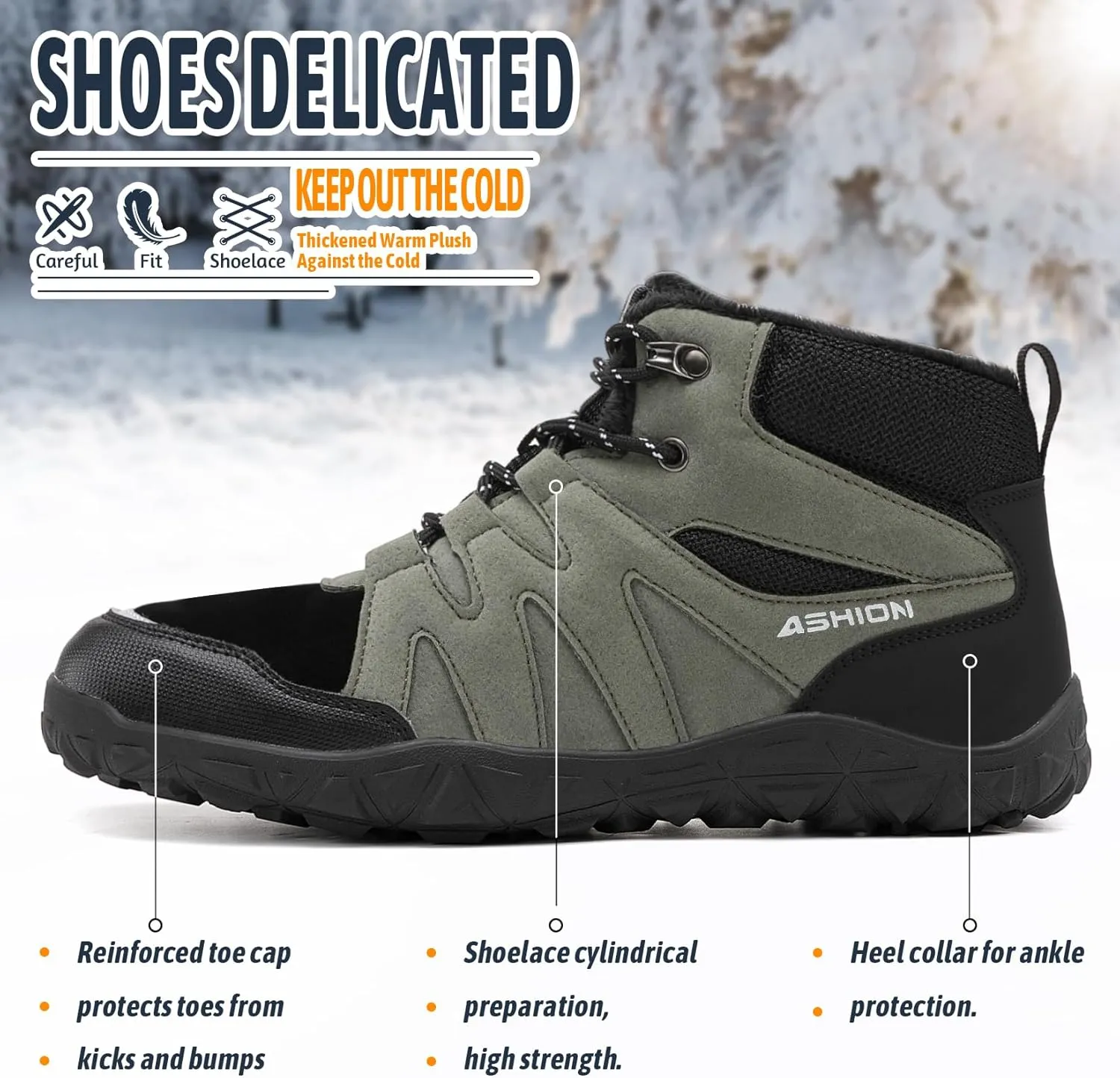 ASHION Mens Snow Boots Barefoot Winter Shoes Hiking Footwear Fur Lined Warm Ankle Boots Zero Drop Sole Comfortable Outdoor Walking Shoes Booties