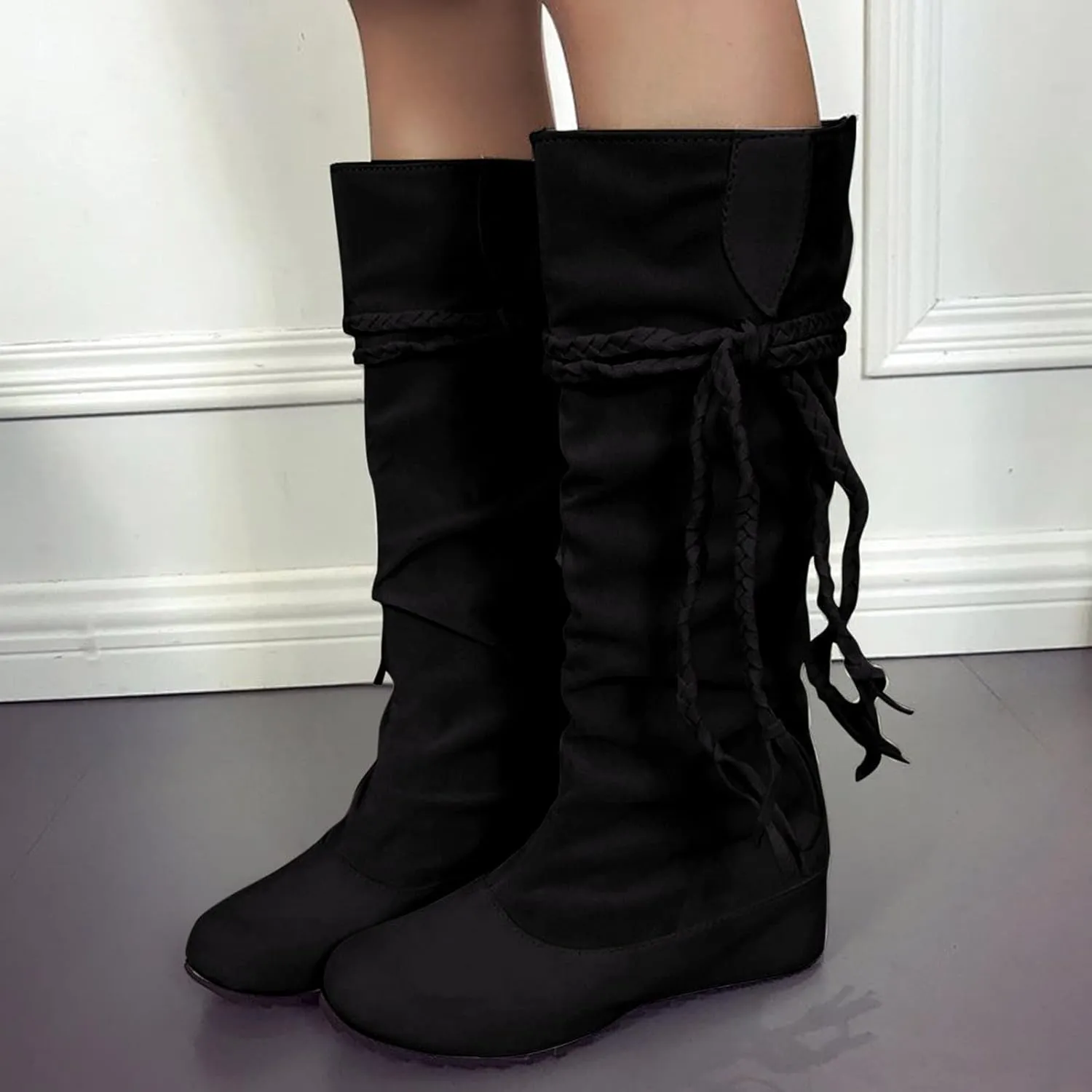 Bcshiye Women's Knee High Boot,Suede Warm Wedge Long Boots Slouchy Knee High Boots Casual Mid Calf Combat Riding Boots