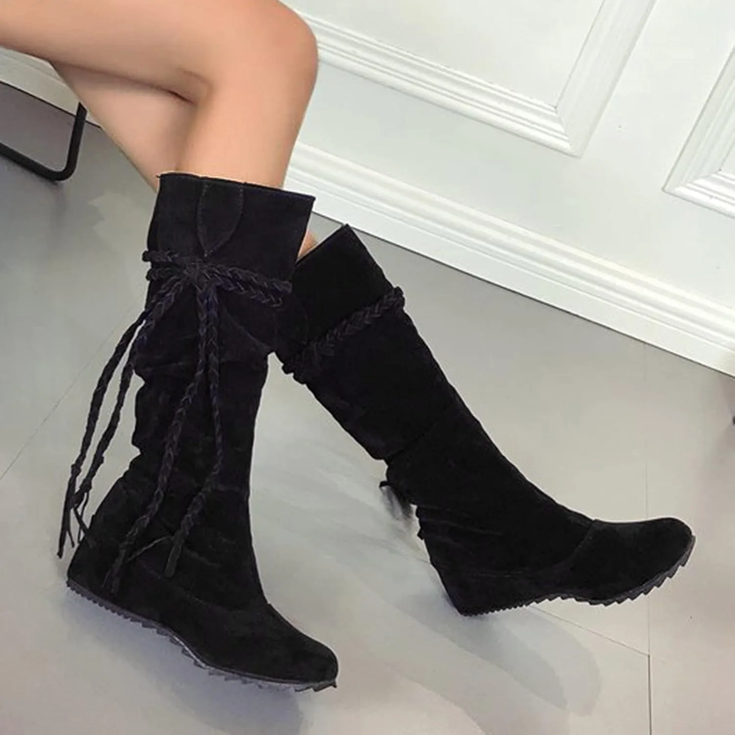 Bcshiye Women's Knee High Boot,Suede Warm Wedge Long Boots Slouchy Knee High Boots Casual Mid Calf Combat Riding Boots