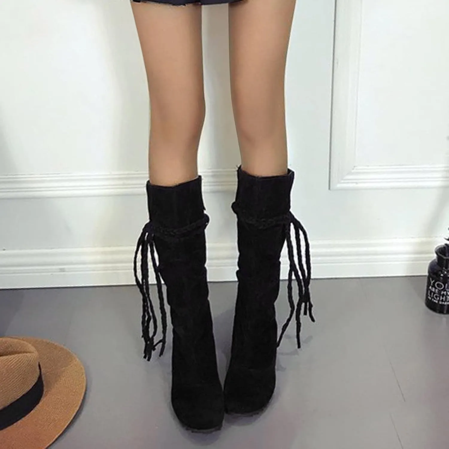 Bcshiye Women's Knee High Boot,Suede Warm Wedge Long Boots Slouchy Knee High Boots Casual Mid Calf Combat Riding Boots