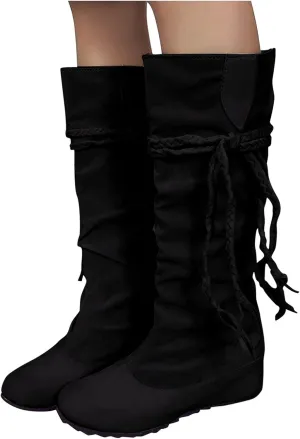 Bcshiye Women's Knee High Boot,Suede Warm Wedge Long Boots Slouchy Knee High Boots Casual Mid Calf Combat Riding Boots