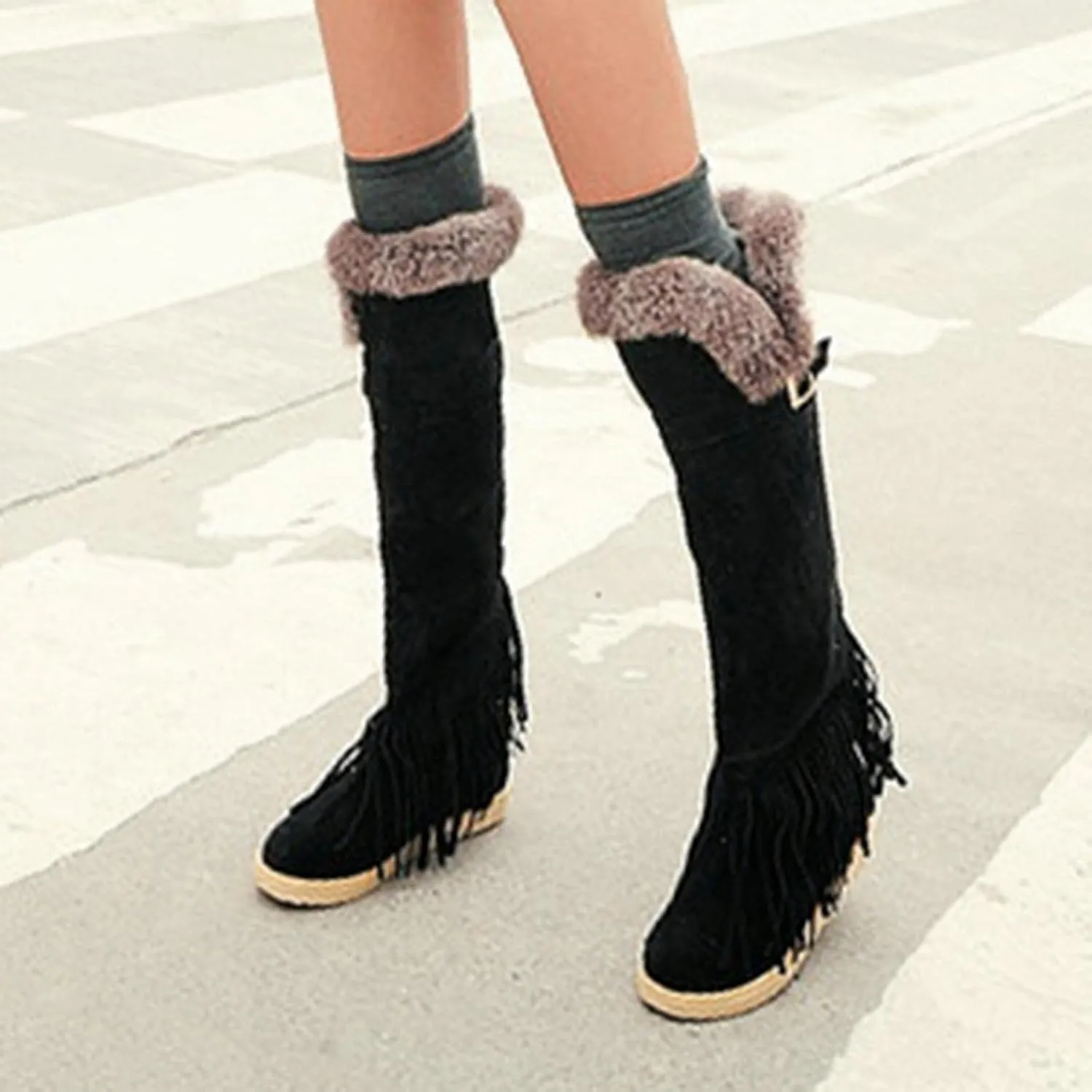 Bcshiye Women's Knee High Riding Boots,Low Heel Slouchy Warm Fur Combat Boots Mid Calf Booties Round Toe Snow Boots