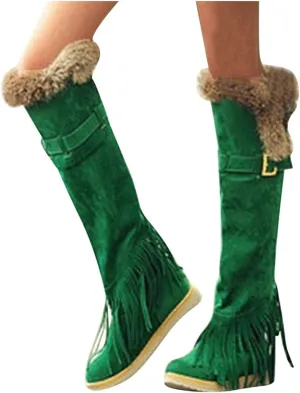 Bcshiye Women's Knee High Riding Boots,Low Heel Slouchy Warm Fur Combat Boots Mid Calf Booties Round Toe Snow Boots