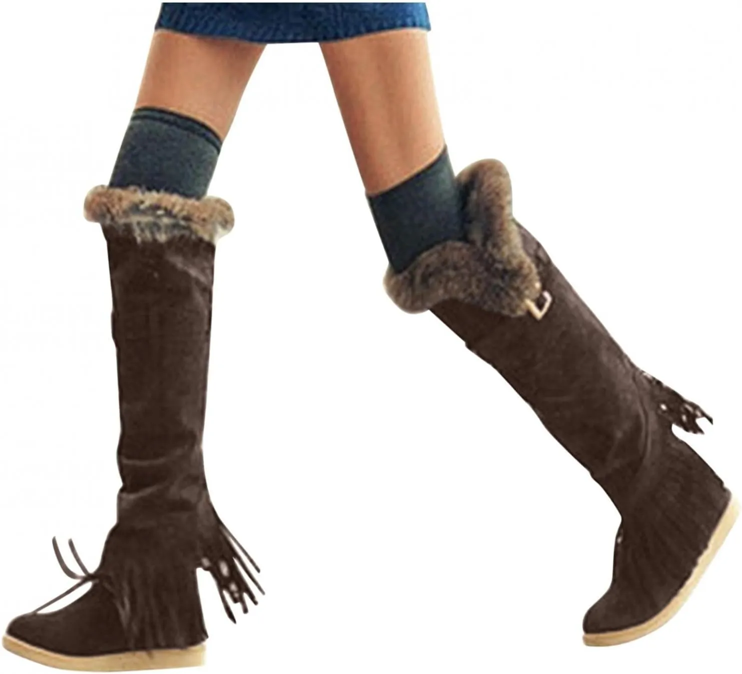 Bcshiye Women's Knee High Riding Boots,Low Heel Slouchy Warm Fur Combat Boots Mid Calf Booties Round Toe Snow Boots