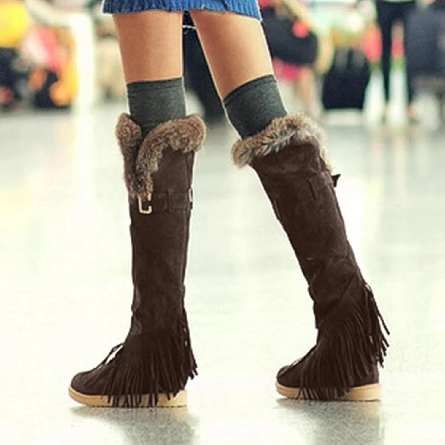 Bcshiye Women's Knee High Riding Boots,Low Heel Slouchy Warm Fur Combat Boots Mid Calf Booties Round Toe Snow Boots