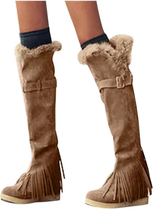 Bcshiye Women's Knee High Riding Boots,Low Heel Slouchy Warm Fur Combat Boots Mid Calf Booties Round Toe Snow Boots
