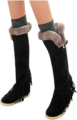 Bcshiye Women's Knee High Riding Boots,Low Heel Slouchy Warm Fur Combat Boots Mid Calf Booties Round Toe Snow Boots