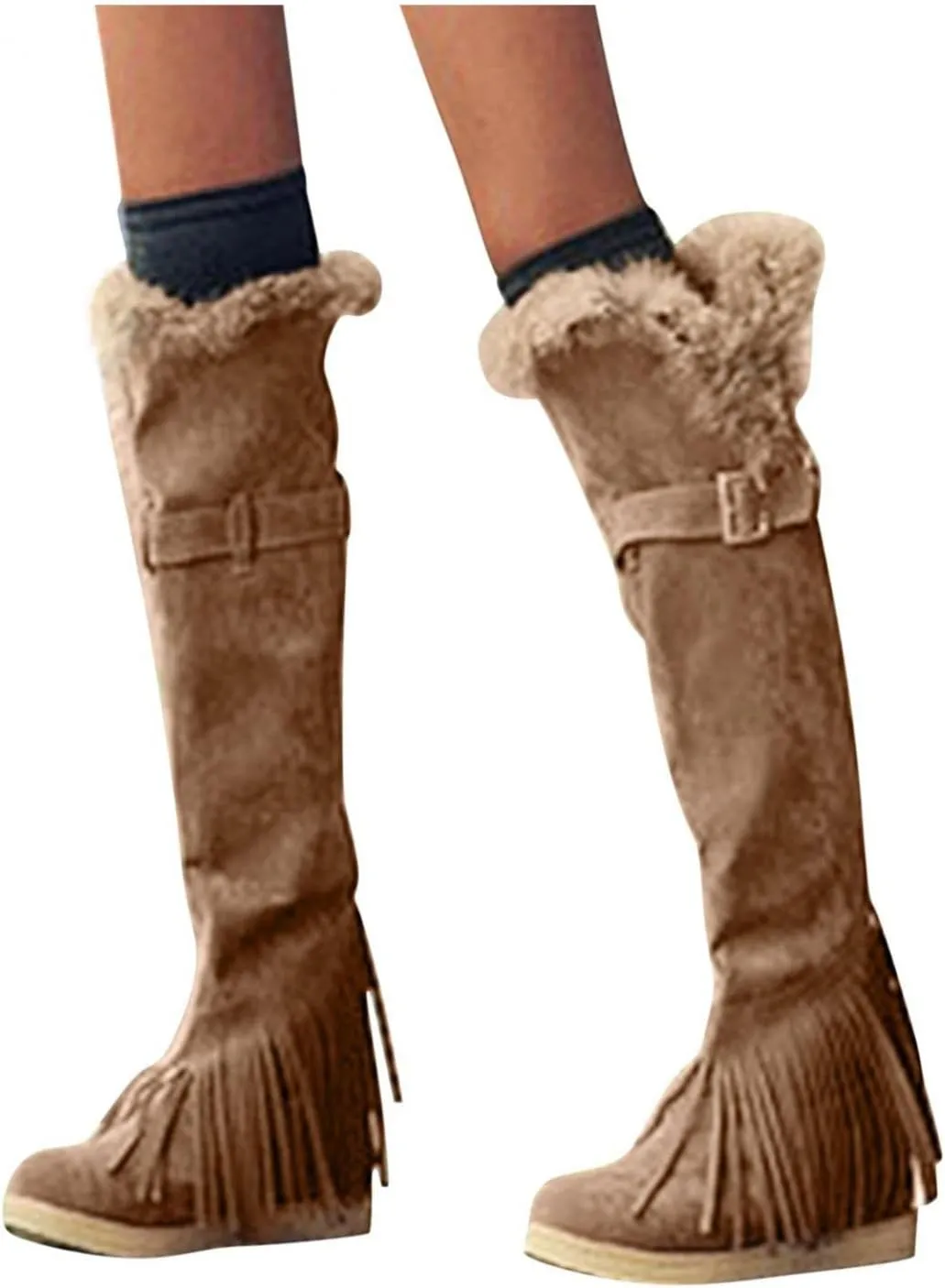 Bcshiye Women's Knee High Riding Boots,Low Heel Slouchy Warm Fur Combat Boots Mid Calf Booties Round Toe Snow Boots