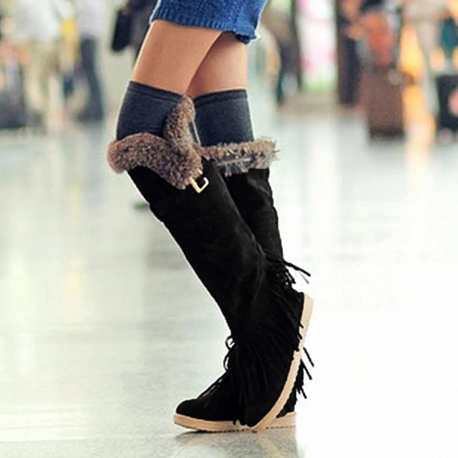 Bcshiye Women's Knee High Riding Boots,Low Heel Slouchy Warm Fur Combat Boots Mid Calf Booties Round Toe Snow Boots