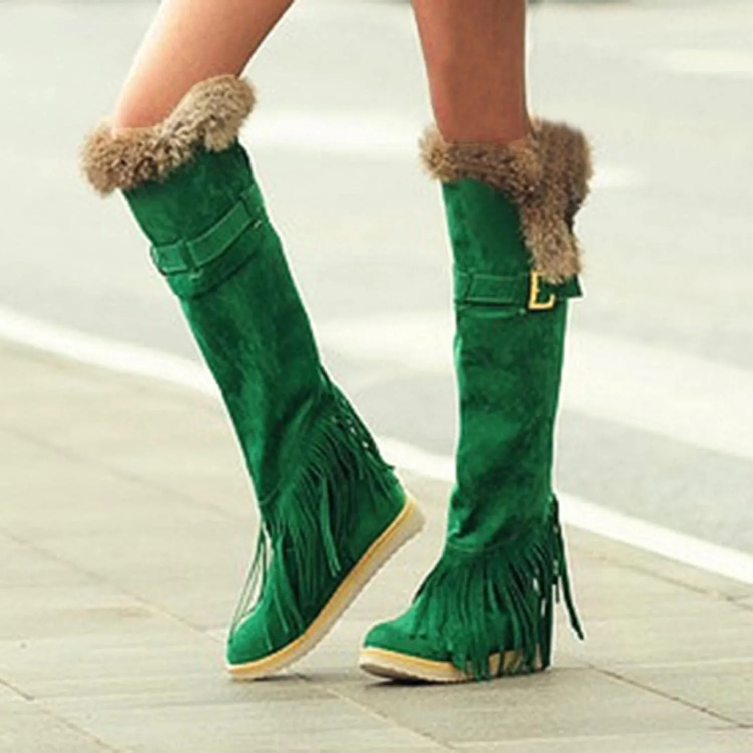 Bcshiye Women's Knee High Riding Boots,Low Heel Slouchy Warm Fur Combat Boots Mid Calf Booties Round Toe Snow Boots