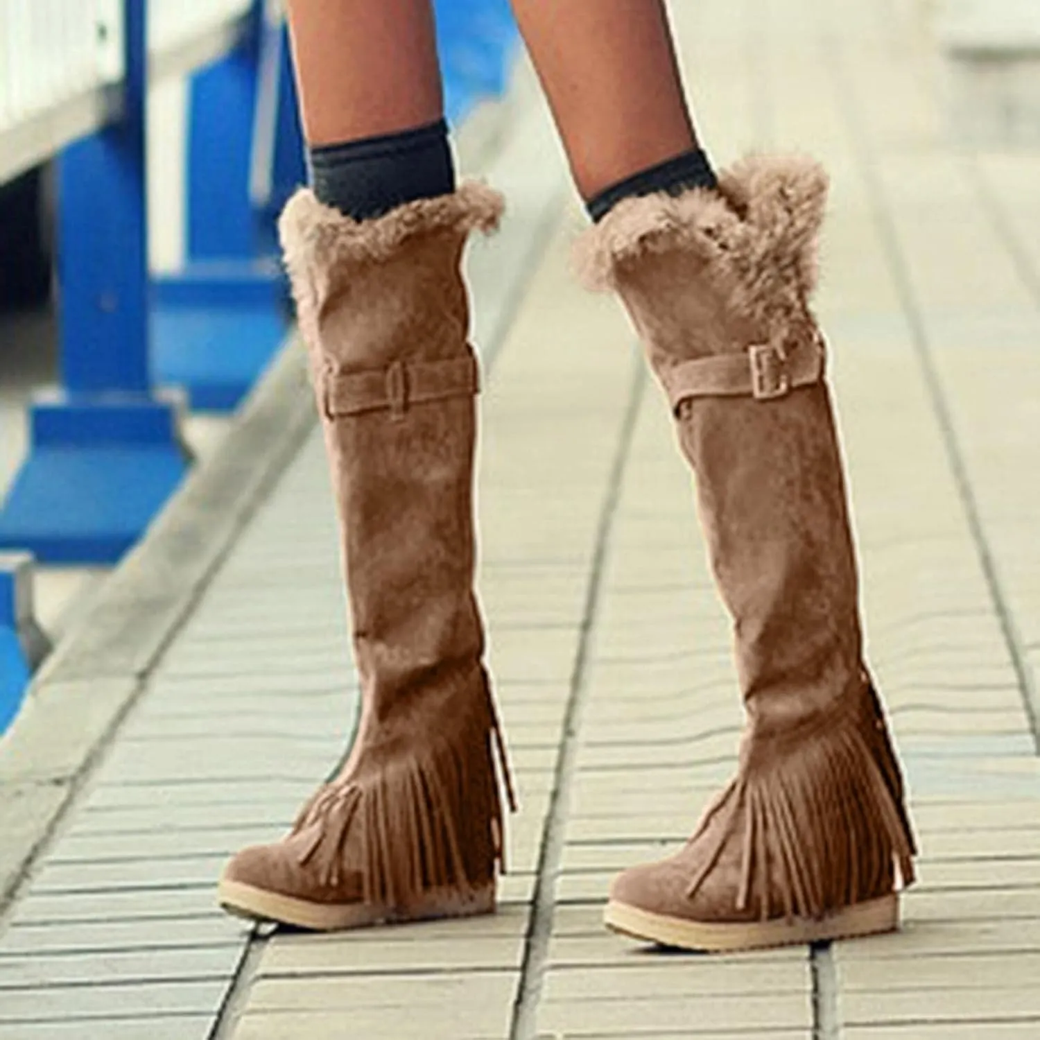 Bcshiye Women's Knee High Riding Boots,Low Heel Slouchy Warm Fur Combat Boots Mid Calf Booties Round Toe Snow Boots
