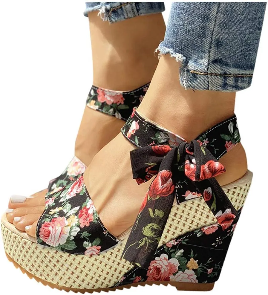 Black Sandals Women Dressy,Womens High Retro Sandals Open Toe Lace Up Platform Heels Shoes Wedges Sandals