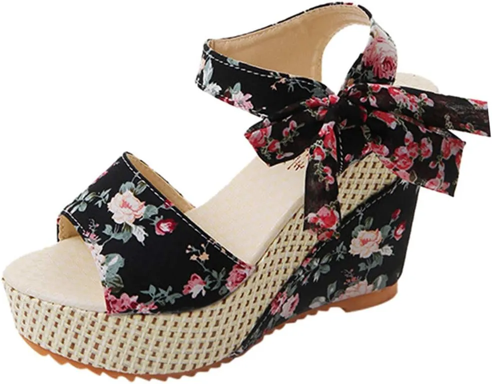 Black Sandals Women Dressy,Womens High Retro Sandals Open Toe Lace Up Platform Heels Shoes Wedges Sandals