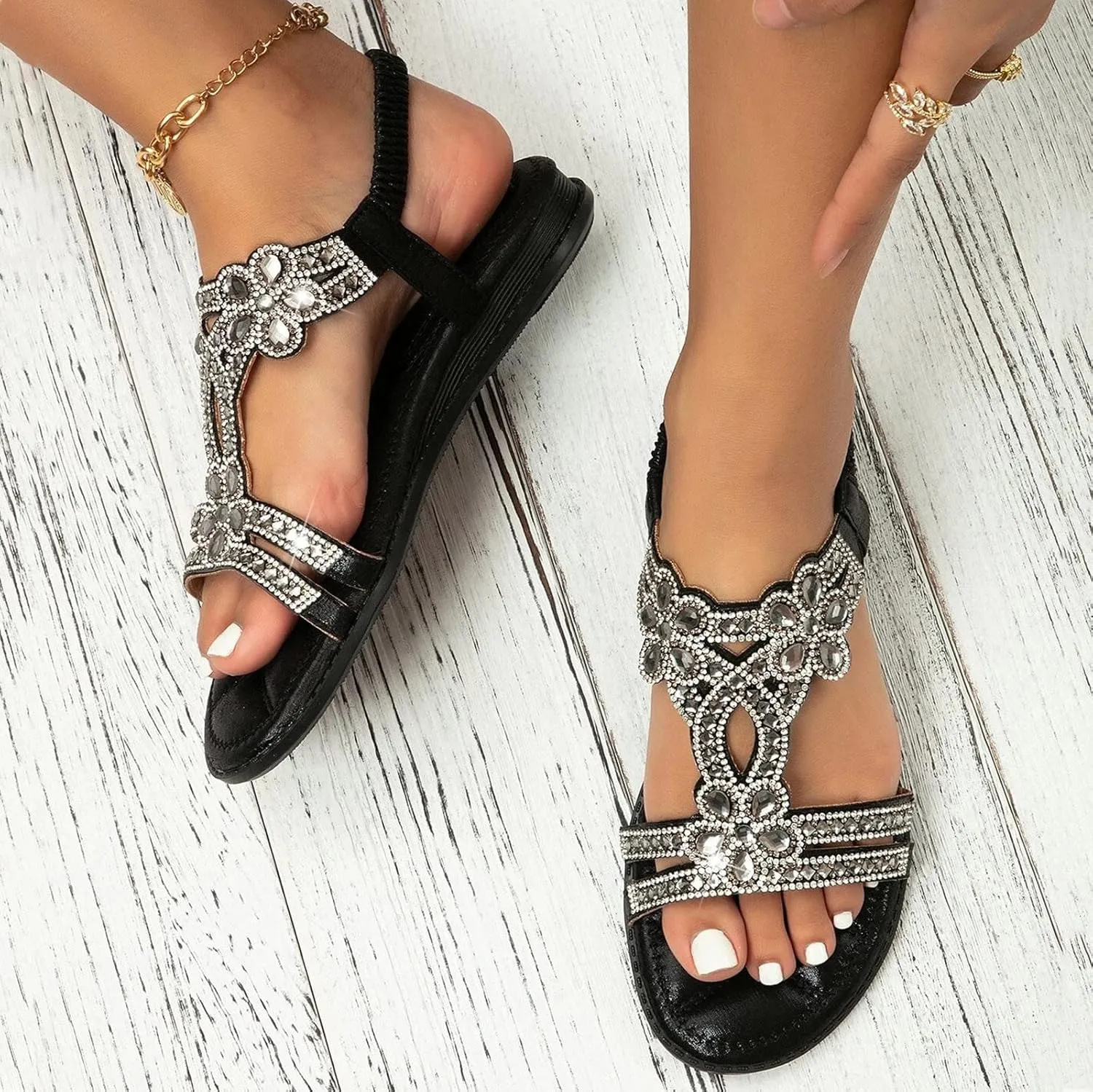 Bohemian Sandals for Women Comfort Elastic Ankle Strap Beach Sandals Casual Floral Sparkling Boho Shoes Prom Party Wedding Dress Shoes