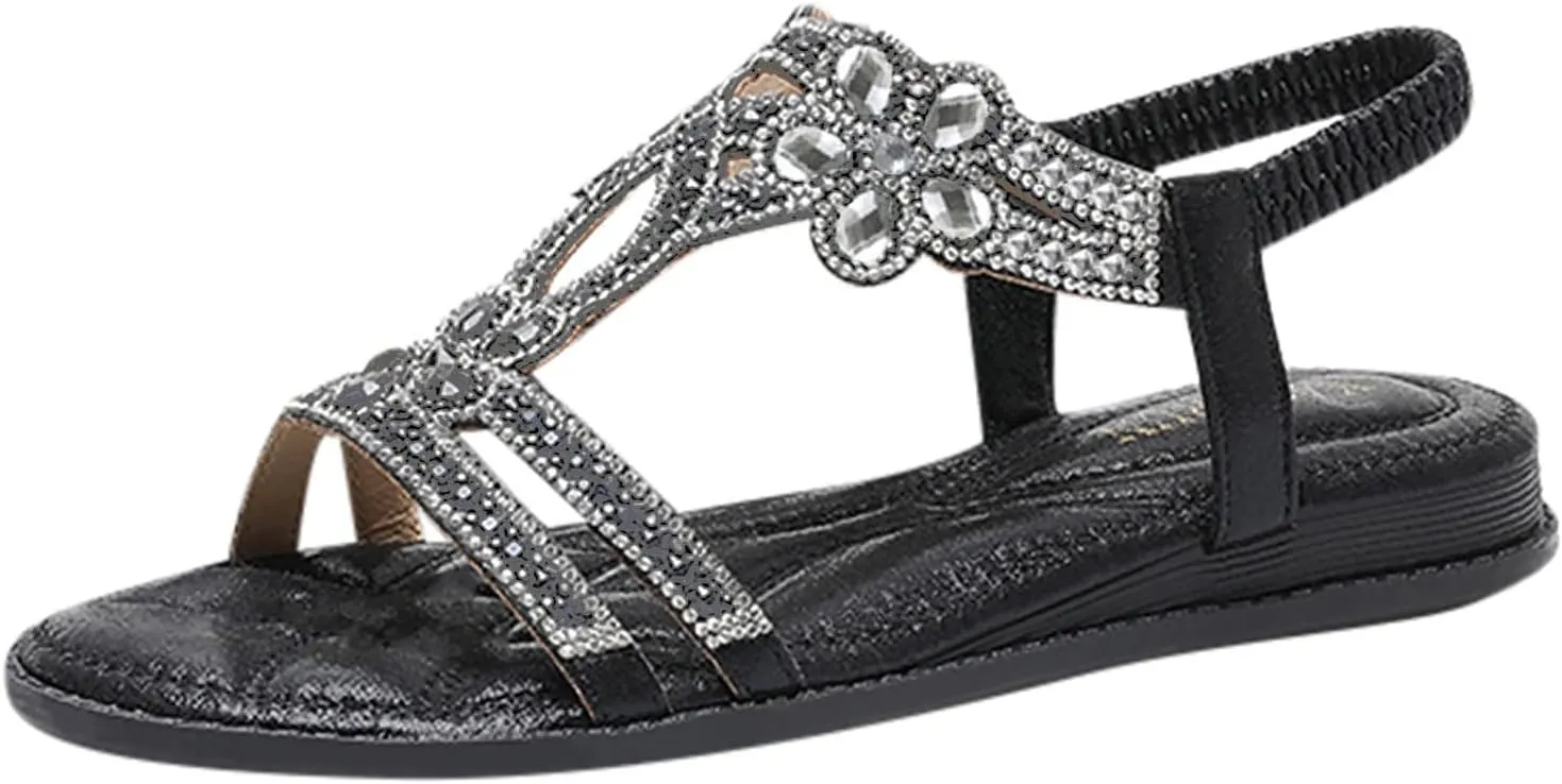 Bohemian Sandals for Women Comfort Elastic Ankle Strap Beach Sandals Casual Floral Sparkling Boho Shoes Prom Party Wedding Dress Shoes