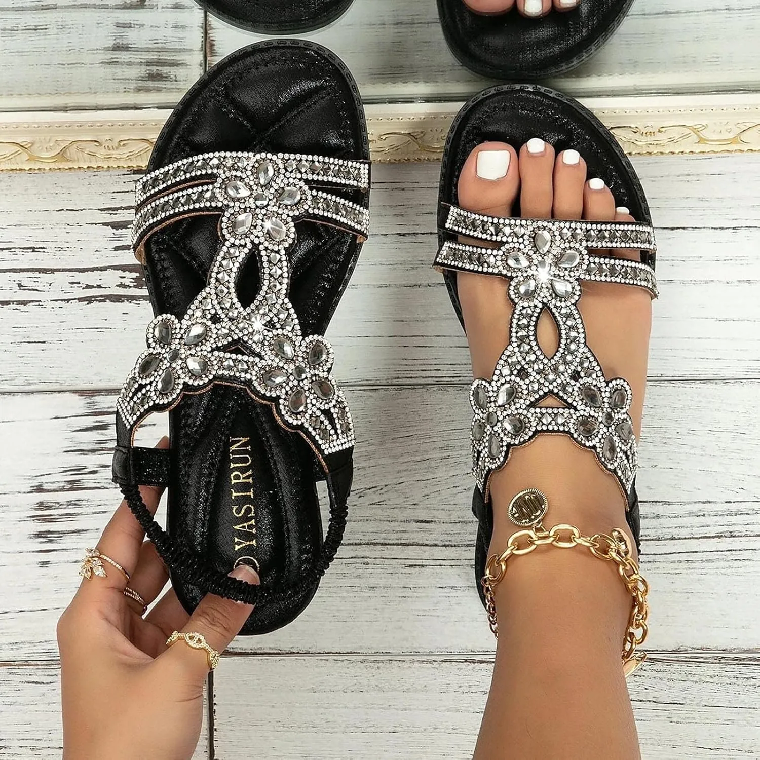Bohemian Sandals for Women Comfort Elastic Ankle Strap Beach Sandals Casual Floral Sparkling Boho Shoes Prom Party Wedding Dress Shoes