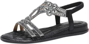 Bohemian Sandals for Women Comfort Elastic Ankle Strap Beach Sandals Casual Floral Sparkling Boho Shoes Prom Party Wedding Dress Shoes