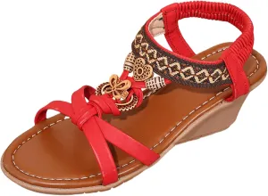 Bohemian Sandals for Women Dressy Open Toe Boho Wedge Sandals Elastic Ankle Strap Beach Shoes Comfortable Slip On Dress Shoes