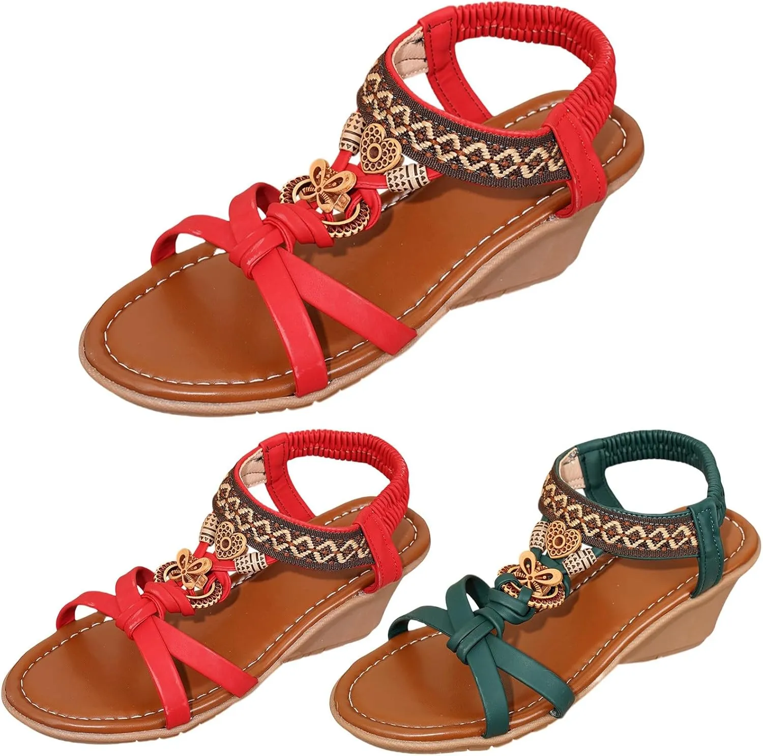 Bohemian Sandals for Women Dressy Open Toe Boho Wedge Sandals Elastic Ankle Strap Beach Shoes Comfortable Slip On Dress Shoes