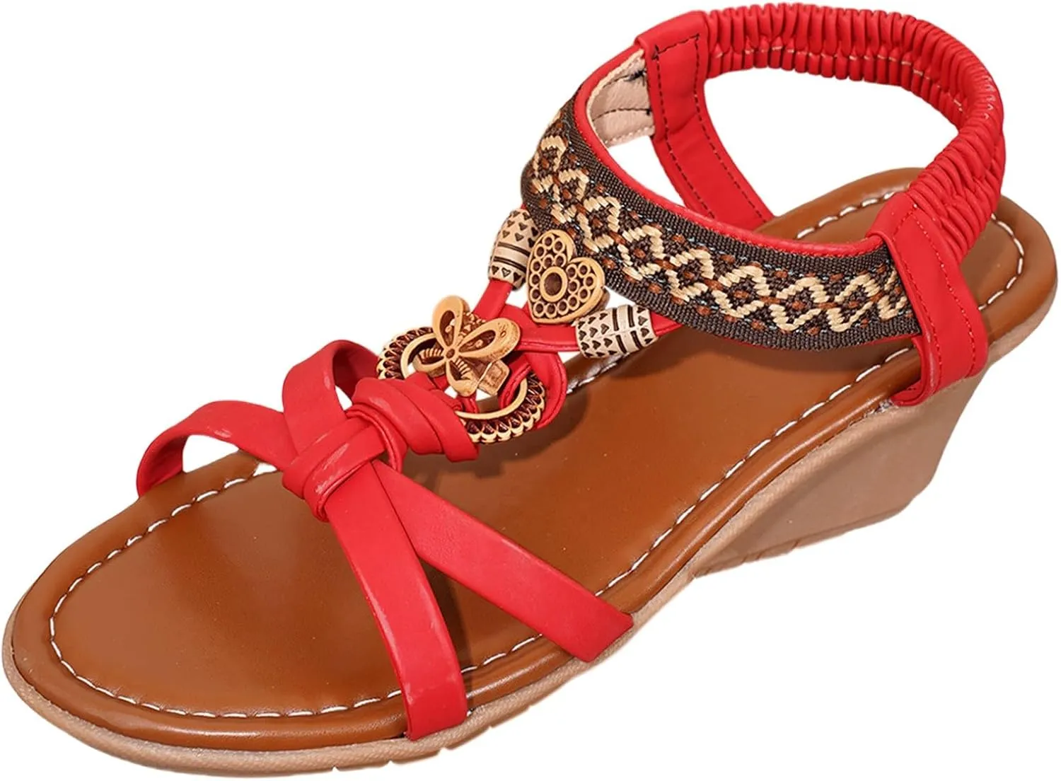 Bohemian Sandals for Women Dressy Open Toe Boho Wedge Sandals Elastic Ankle Strap Beach Shoes Comfortable Slip On Dress Shoes