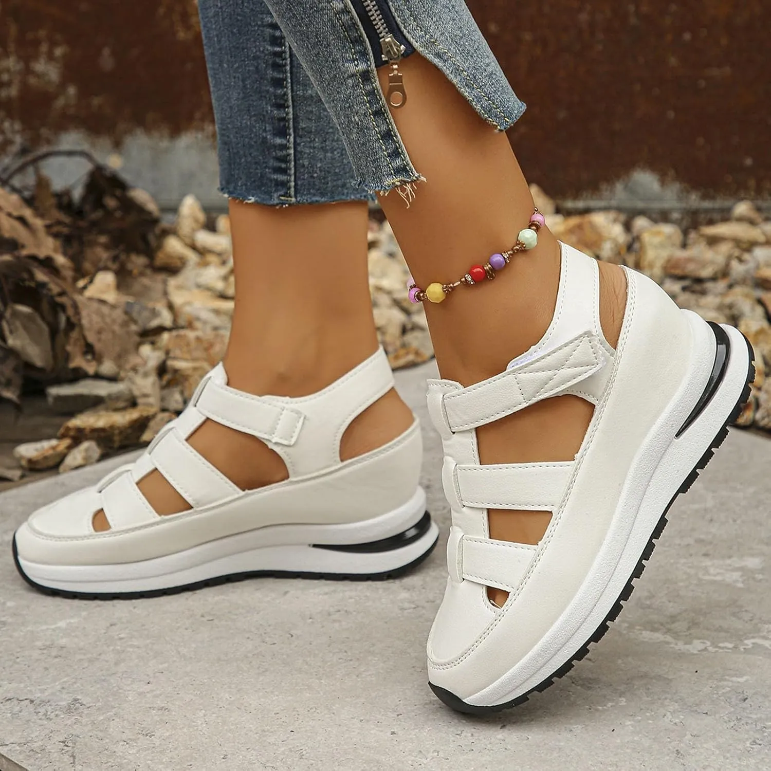 Bootara Shoes, Women's Plus Size Hollow-Out Casual Sandals, Closed Toe Platform Sandals Height-Boosting Thick Sole