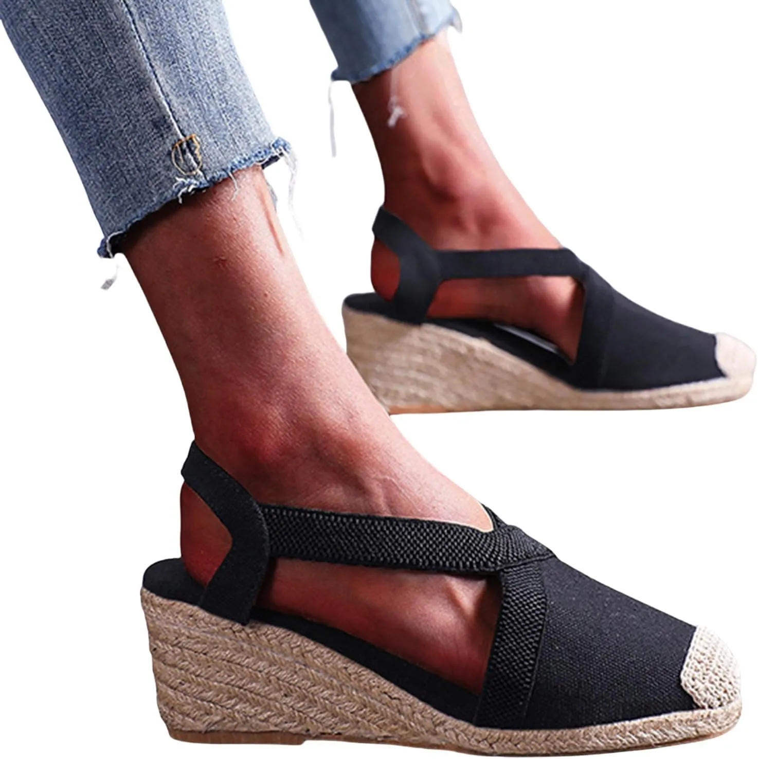 Closed Toe Sandals Women Platform Espadrille Wedge Sandals Slip-On Strap Criss Cross Sandal Elastic Ankle Strap Flax Shoes Comfortable Dressy Beach Summer Shoes