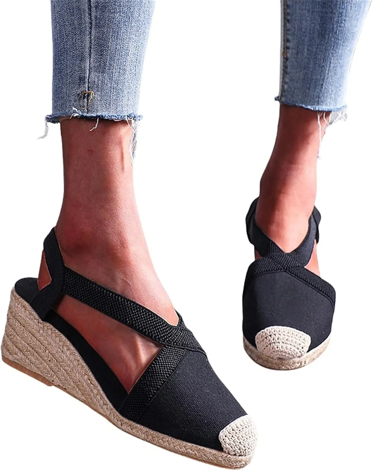 Closed Toe Sandals Women Platform Espadrille Wedge Sandals Slip-On Strap Criss Cross Sandal Elastic Ankle Strap Flax Shoes Comfortable Dressy Beach Summer Shoes