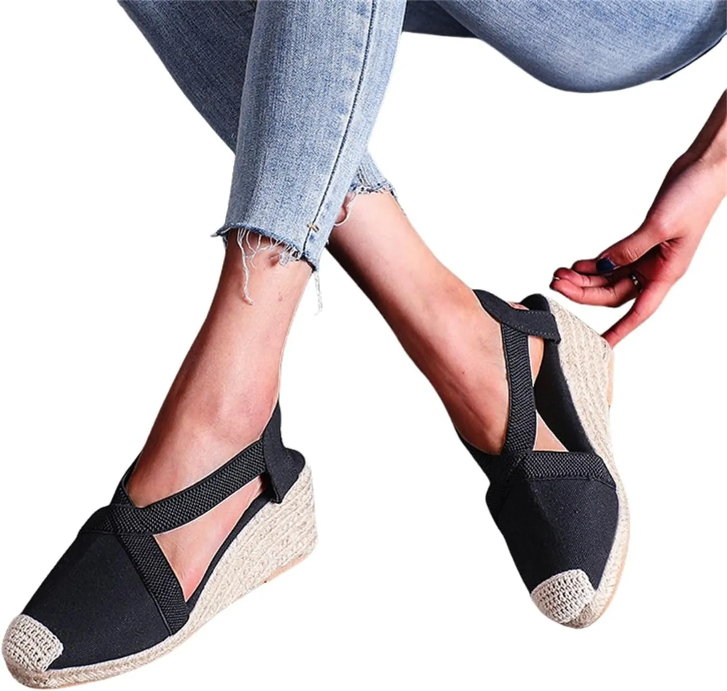 Closed Toe Sandals Women Platform Espadrille Wedge Sandals Slip-On Strap Criss Cross Sandal Elastic Ankle Strap Flax Shoes Comfortable Dressy Beach Summer Shoes