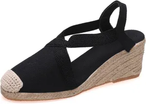 Closed Toe Sandals Women Platform Espadrille Wedge Sandals Slip-On Strap Criss Cross Sandal Elastic Ankle Strap Flax Shoes Comfortable Dressy Beach Summer Shoes
