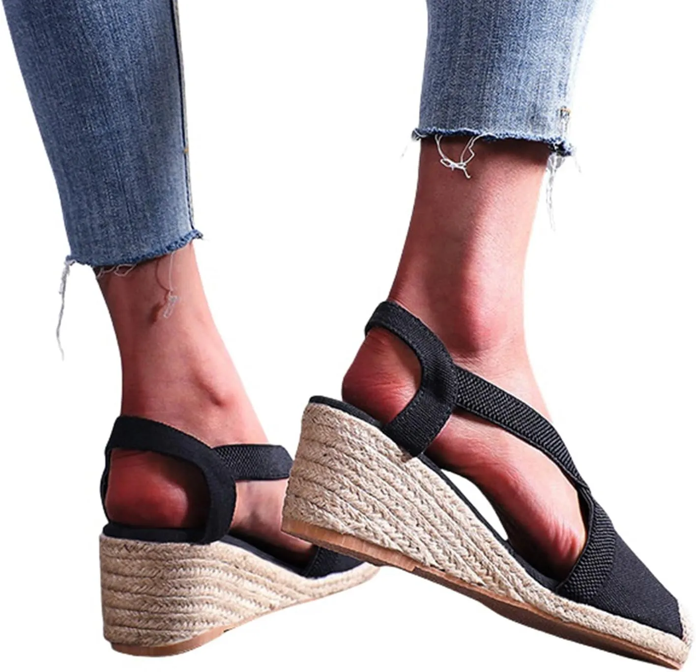 Closed Toe Sandals Women Platform Espadrille Wedge Sandals Slip-On Strap Criss Cross Sandal Elastic Ankle Strap Flax Shoes Comfortable Dressy Beach Summer Shoes