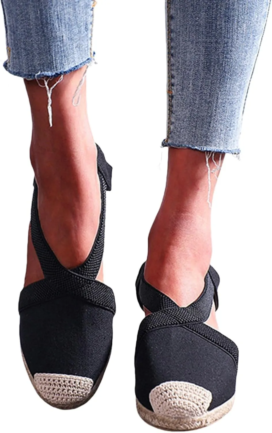 Closed Toe Sandals Women Platform Espadrille Wedge Sandals Slip-On Strap Criss Cross Sandal Elastic Ankle Strap Flax Shoes Comfortable Dressy Beach Summer Shoes