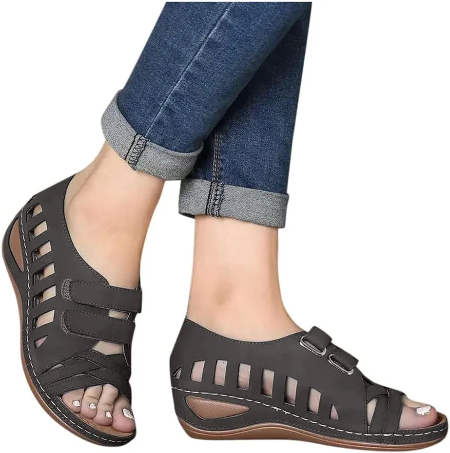 Closed Toe Wedge Sandals with Arch Support Summer Dressy Orthopedic Sandals Comfortable Hollow Out Cross Strap Dress Shoes