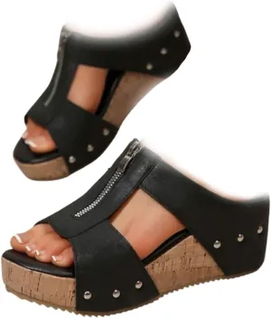 Cork Wedges & Platform Slides, Women's Thick Sole Comfy Leather Wedge Non-slip Slides, Summer Sandals Cork Sandals