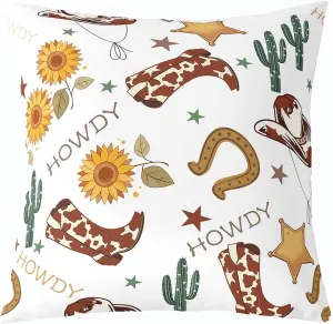 Cowboy 22"x 22" Pillow Cover for Chairs,Western Boots Hats Texas Star Horseshoe Tribal Single Pack Pillow Case Cover,Rustic Cowhide Desert Cactus Sunflower White Double Sides Print Cushion Cover