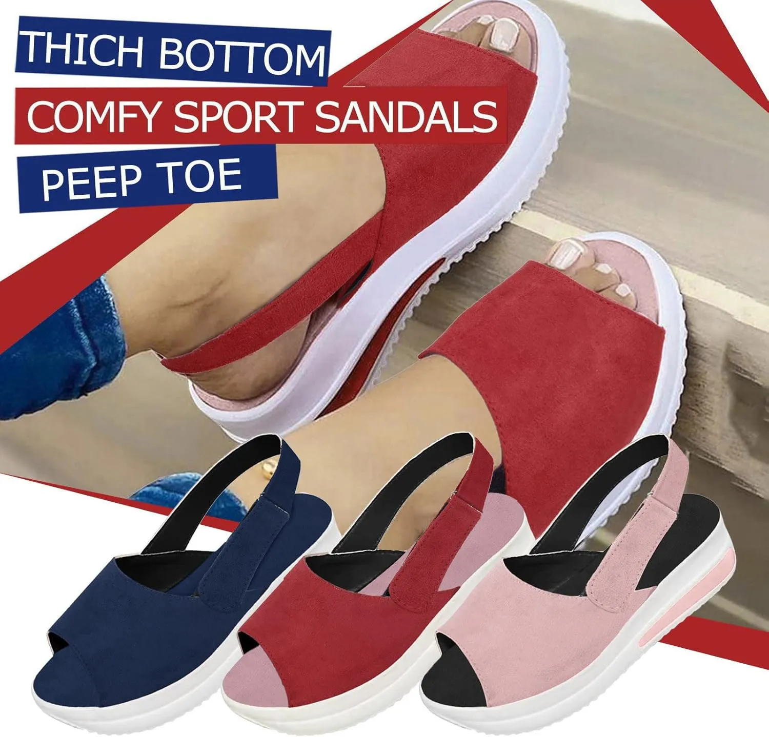 Crzidha Open Toe Walking Shoes for Women Platforms Wedge Casual Slip On Sneakers Ladies Fashion Hook Loop Low Heels Summer Comfortable Breathable Sandals Slingback Non-Slip Outdoor Shoes Loafers