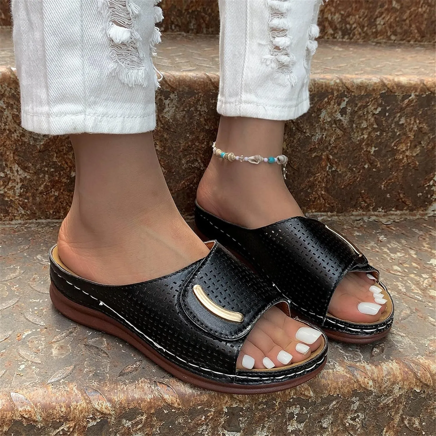 CsgrFagr Ladies Summer Fashion Solid Colour Hollow Out Open Toe Breathable Slope Heel Outside Wear Beach Large Size Hot Women (Black, 8)