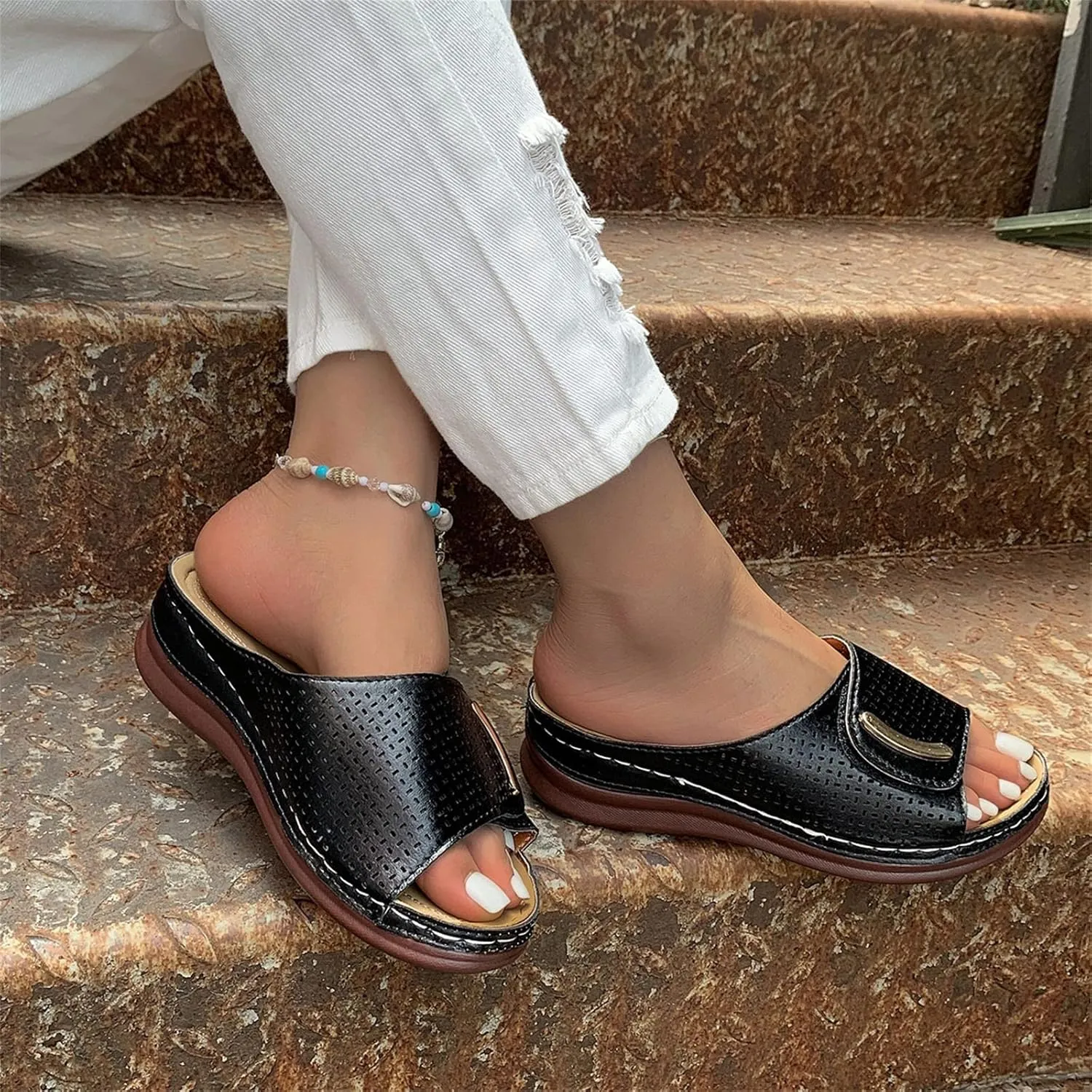 CsgrFagr Ladies Summer Fashion Solid Colour Hollow Out Open Toe Breathable Slope Heel Outside Wear Beach Large Size Hot Women (Black, 8)