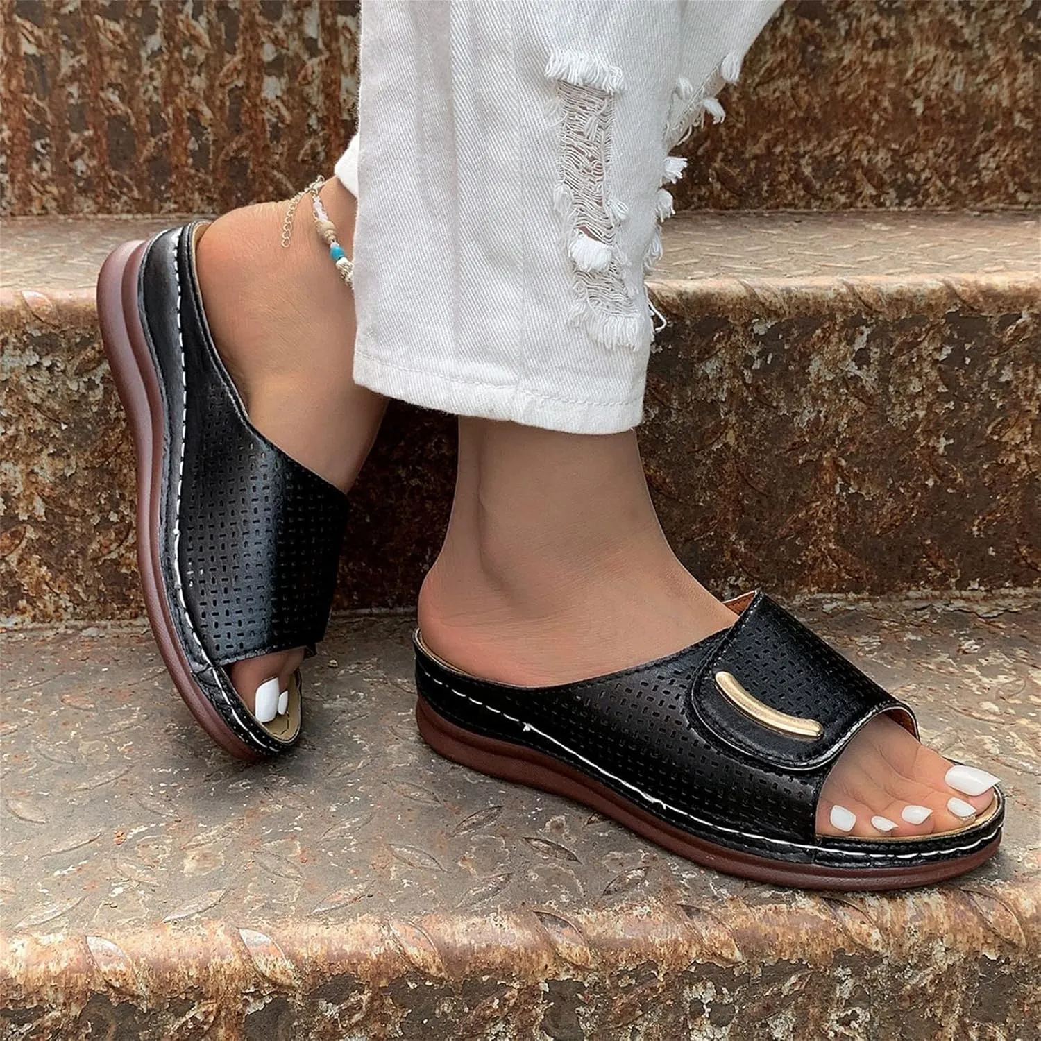 CsgrFagr Ladies Summer Fashion Solid Colour Hollow Out Open Toe Breathable Slope Heel Outside Wear Beach Large Size Hot Women (Black, 8)
