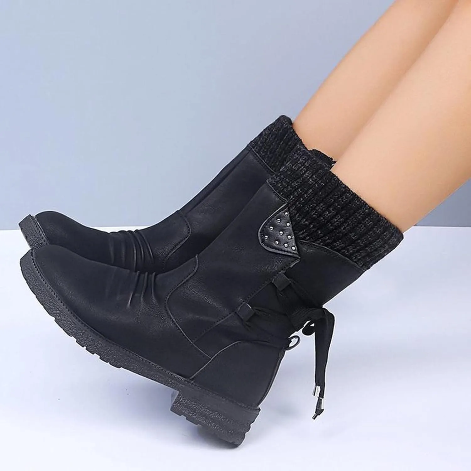 Ctreela Sock Top Boot for Women Fashion Short Combat Boots Slip On Booties with Side Zipper Low Heel Winter Ankle Booties